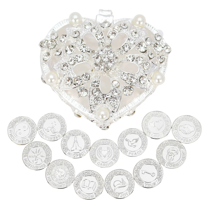 This silver heart-shaped jewelry box beautifully holds 13 silver commemorative coins, each engraved with English words like love, peace, and trust. The silver hue of the box complements the symbolism of the coins, making it a meaningful wedding gift - tingkucoins.com