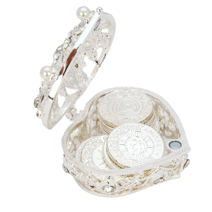 The silver heart-shaped jewelry box paired with the 13 silver unity coins creates a stunning set that represents love, trust, and unity. The silver finish enhances both the box and the coins, making them the perfect keepsake for Christian or Catholic weddings - tingkucoins.com