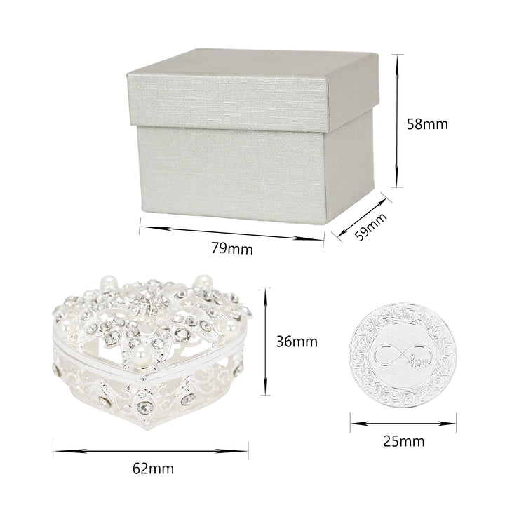 The silver heart-shaped jewelry box measures 62mm in width, 36mm in height, and 79mm in length, providing a secure and elegant place to store the 13 silver wedding unity coins. The silver packaging box dimensions are 79mm x 59mm x 58mm for protection and display - tingkucoins.com