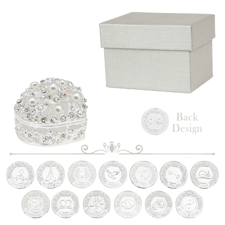 Elegant silver heart-shaped keepsake box adorned with sparkling diamonds and pearls, designed to store 13 English words unity coins, an exquisite piece for wedding Arras tradition - tingkucoins.com