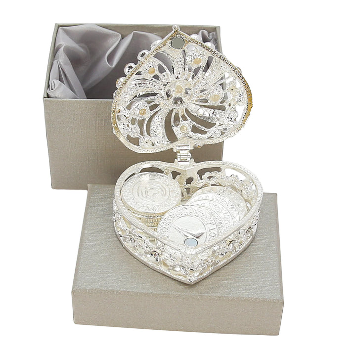Silver heart-shaped keepsake box with 13 English words unity coins, elegantly stored in a premium gift box, making it a timeless and meaningful present for wedding, vow renewal, or engagement - tingkucoins.com