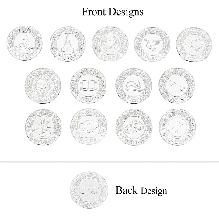 Set of 13 English words silver unity coins, symbolizing blessings like Love, Joy, Peace, Respect, perfect for wedding Arras tradition - tingkucoins.com