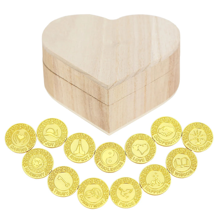Heart-shaped wooden keepsake box with 13 gold-tone inspirational coins, each engraved with uplifting values like Love, Joy, Trust, Harmony, and Wisdom. Perfect for mindfulness gifts, teacher appreciation, motivation, meditation, and positive affirmation decor - tingkucoins.com