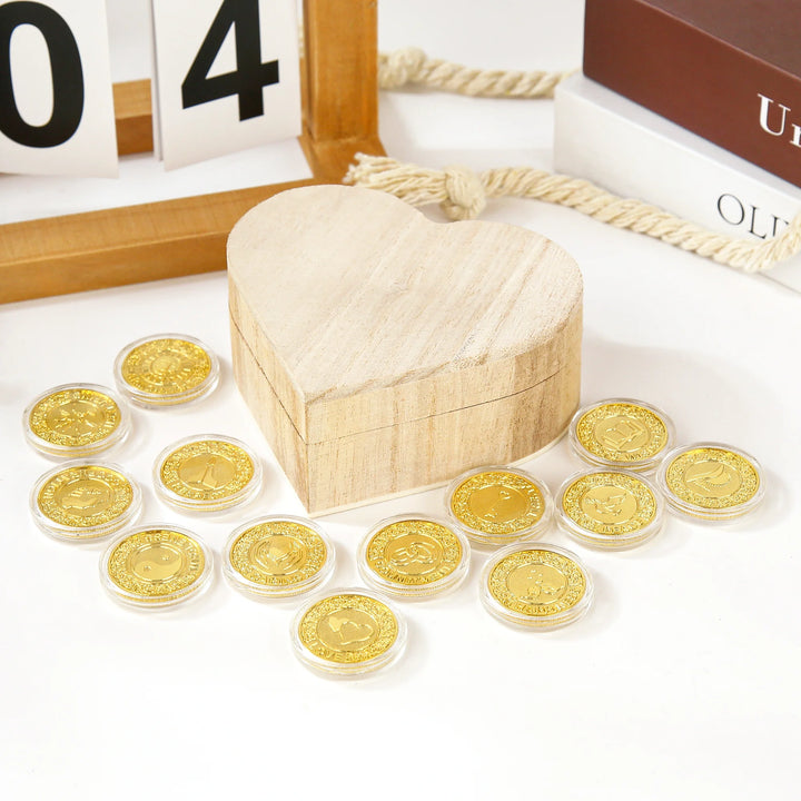 Rustic heart-shaped wooden box filled with 13 gold-tone inspirational coins, each engraved with positive affirmations like Love, Peace, Trust, and Joy. Perfect for mindfulness gifts, teacher appreciation, meditation decor, wedding keepsakes, and meaningful collectibles - tingkucoins.com