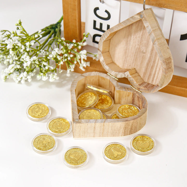 Elegant wooden heart keepsake box with 13 shimmering gold-tone coins, engraved with uplifting words and symbols. Ideal for meditation sets, gratitude gifts, teacher rewards, spiritual décor, and collectible items for weddings, anniversaries, and special occasions - tingkucoins.com