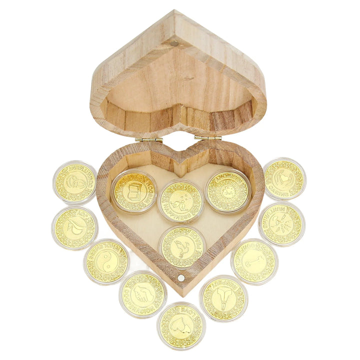 Elegant wooden heart keepsake box with 13 shimmering gold-tone coins, engraved with uplifting words and symbols. Ideal for meditation sets, gratitude gifts, teacher rewards, spiritual décor, and collectible items for weddings, anniversaries, and special occasions - tingkucoins.com