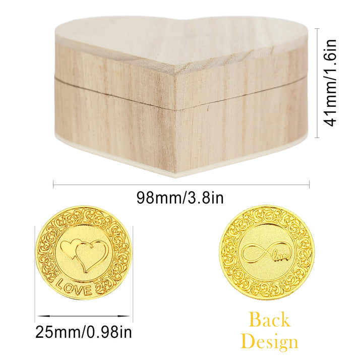 Heart-shaped wooden keepsake box (98mm x 41mm) with 13 gold-tone coins, 25mm each, engraved with love-inspired designs and positive affirmations. Perfect for mindfulness gifts, meditation, teacher appreciation, wedding favors, and meaningful collectible decor - tingkucoins.com