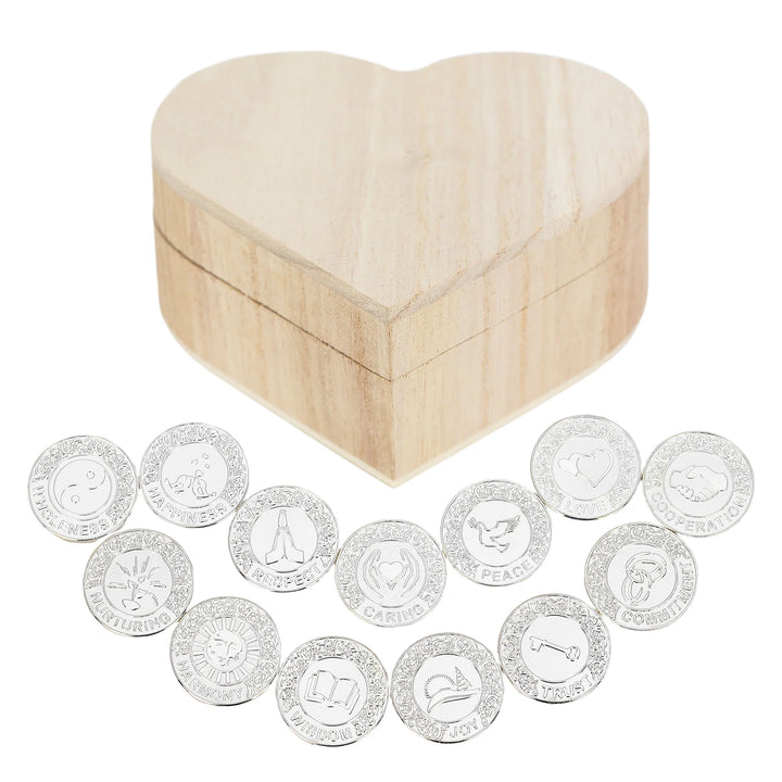 Elegant heart-shaped wooden keepsake box with 13 silver-tone inspirational coins, each engraved with values like Love, Peace, Trust, Harmony, and Wisdom. Ideal for mindfulness gifts, meditation sets, teacher appreciation, motivation, and positive affirmation decor - tingkucoins.com