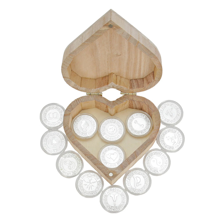 Chic wooden heart-shaped keepsake box with 13 silver-tone engraved coins, perfect for wedding favors, bridesmaid gifts, or anniversary mementos. Each coin carries a love-themed message, adding elegance and sentiment to any celebration - tingkucoins.com