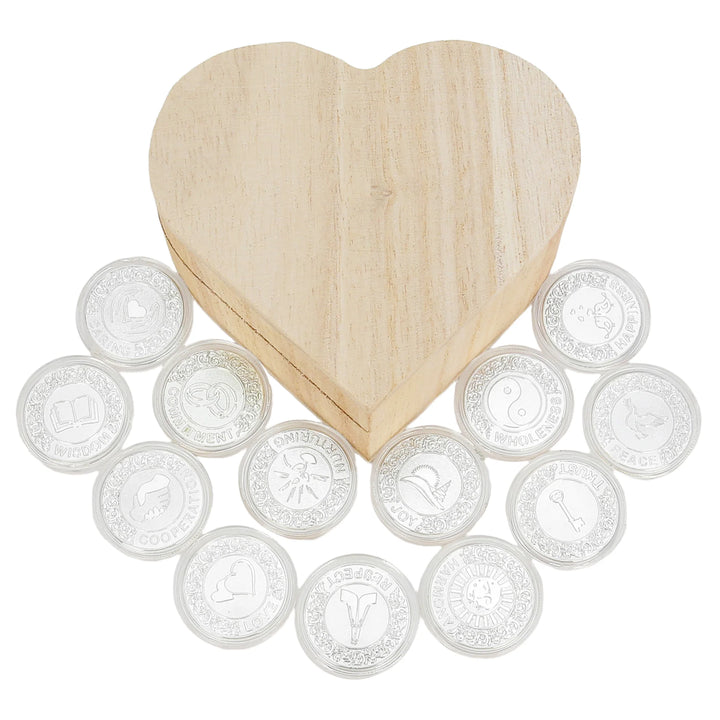 Rustic wooden heart box with 13 polished silver-tone coins, a unique and thoughtful wedding favor for guests. Ideal for bridal showers, anniversaries, or engagement parties, offering a beautiful keepsake filled with love and meaning - tingkucoins.com