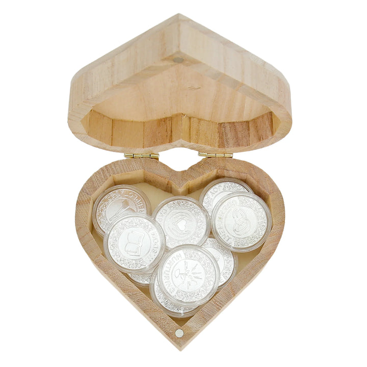 Elegant heart-shaped wooden keepsake box with 13 silver-tone engraved coins, perfect for wedding table décor, guest thank-you gifts, and bridal party tokens. A timeless memento that symbolizes love, unity, and cherished memories of your special day - tingkucoins.com