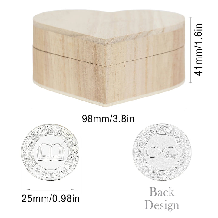 Heart-shaped wooden keepsake box (98mm x 41mm) with 13 silver-tone coins, 25mm each, featuring love-inspired engravings and positive affirmations. Ideal for meditation, mindfulness gifts, teacher appreciation, wedding favors, and unique collectible decor - tingkucoins.com