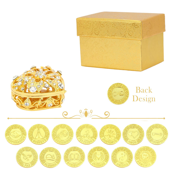 Complete gold Arras set including 13 Spanish words coins, diamond-adorned heart-shaped keepsake box, and elegant outer gift box—perfect for weddings, anniversaries, or vow renewals with meaningful blessings - tingkucoins.com