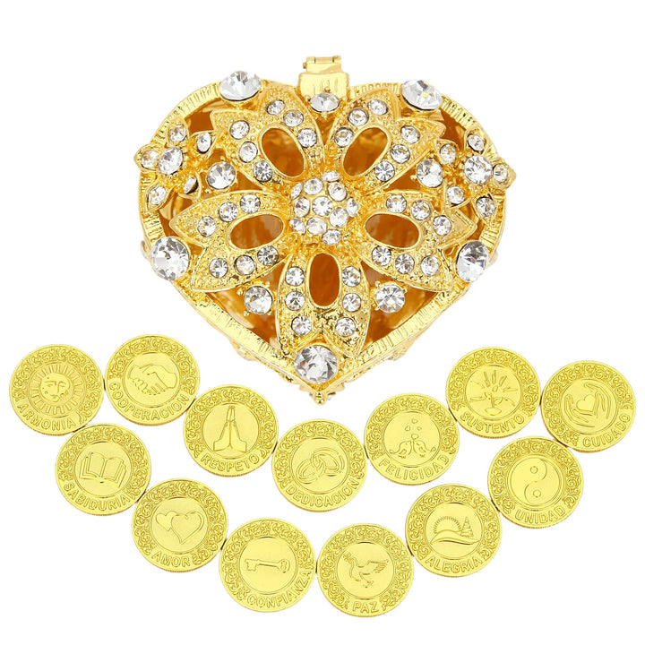 Gold heart-shaped keepsake box with diamonds,containing 13 Spanish words coins, symbolizing blessings, unity, and prosperity for marriage - tingkucoins.com