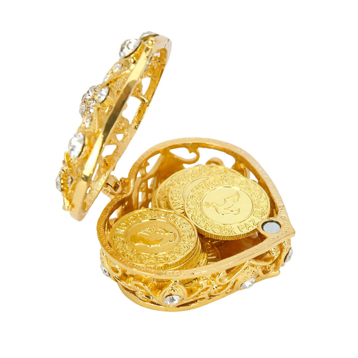Stunning gold keepsake heart box holding 13 Spanish words coins, beautifully adorned with diamonds and pearls for a meaningful wedding gift - tingkucoins.com