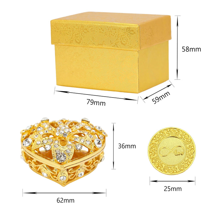 Gold heart box (62×36mm) with 13 coins (25mm), in a gift box (79×59×58mm), compact and elegant, perfect for display or wedding use - tingkucoins.com
