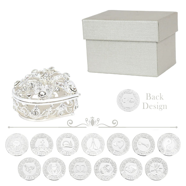 Elegant silver Arras gift set including 13 Spanish words coins, decorative heart-shaped box, and premium packaging, creating a stunning wedding gift full of tradition and blessings - tingkucoins.com