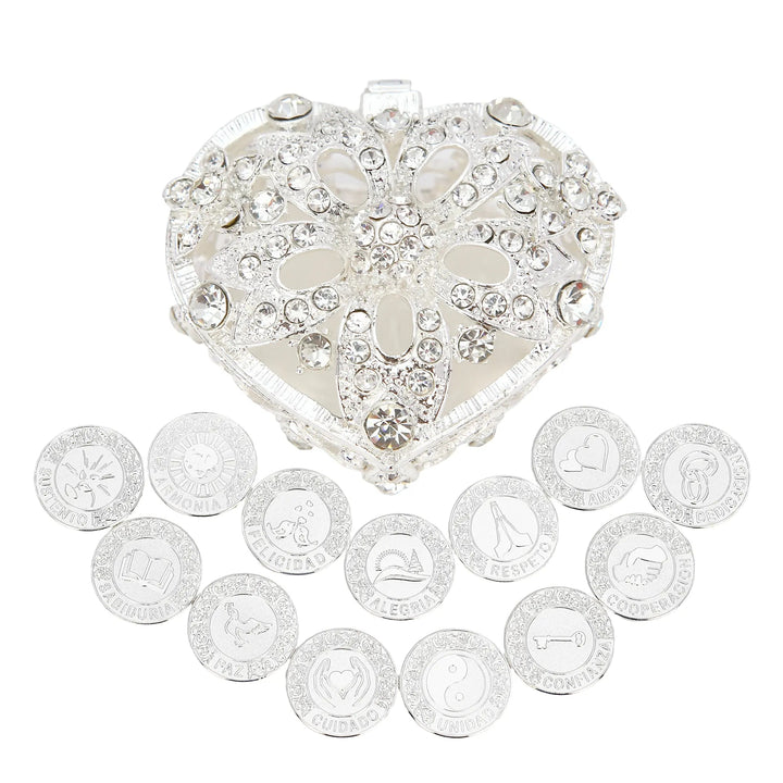 Silver heart-shaped keepsake box adorned with sparkling diamonds, designed to hold 13 Spanish unity coins, creating an elegant Arras display - tingkucoins.com