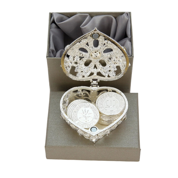 Elegant silver Arras gift set including 13 Spanish words coins, decorative heart-shaped box adorned with diamonds, and premium packaging, creating a stunning wedding gift full of tradition and blessings - tingkucoins.com