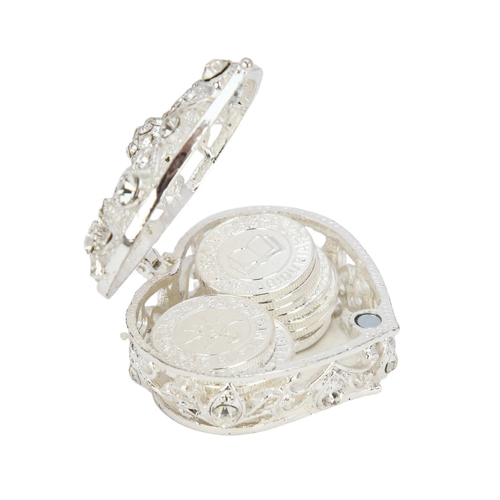 Luxury silver heart box with diamond detailing, perfect for storing 13 Spanish coins and adding sophistication to wedding ceremonies - tingkucoins.com