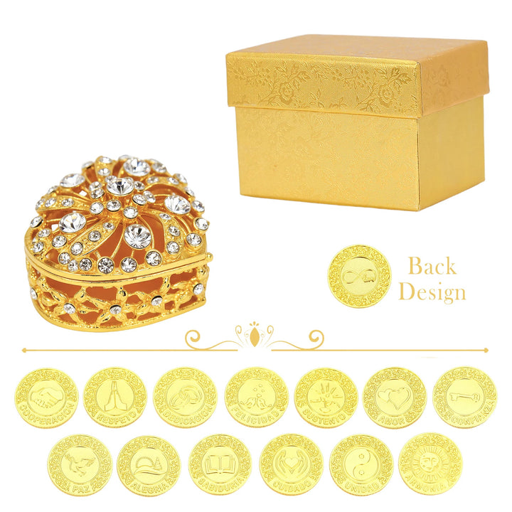 Gold wedding unity coins set featuring 13 Spanish words: Cooperación, Respeto, Dedicación, Felicidad, Sustento, Amor, Confianza, Paz, Alegría, Sabiduría, Cuidado, Unidad, Armonía. Includes 25mm coins, rhinestone heart box, and gold gift box. Perfect for Catholic weddings, keepsakes, and anniversary gifts - tingkucoins.com