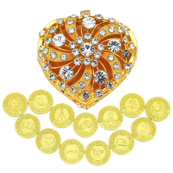 Gold-plated heart box with 13 symbolic Spanish coins, each representing blessings for a lasting marriage. Perfect for cultural and religious weddings - tingkucoins.com