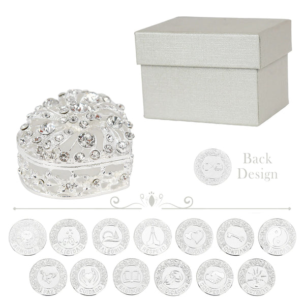 Las Arras de Boda Spanish 13 pcs Wedding Arras Coins with Heart Shaped Box, Wedding Unity Coins Set - Full Rhinestones Windmill