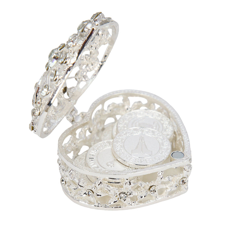 Stunning silver heart-shaped box with dazzling rhinestones, holding 13 symbolic Spanish coins—an exquisite centerpiece for cultural ceremonies - tingkucoins.com