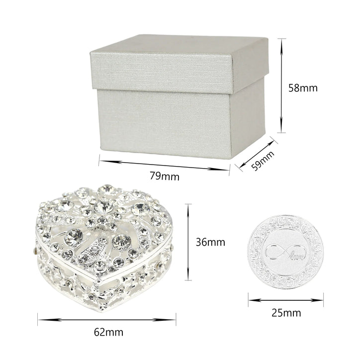 Set includes: 13 coins (25mm), rhinestone heart box (62×36mm), and silver gift box (79×59×58mm). Perfect dimensions for ceremonies, storage, and elegant display - tingkucoins.com