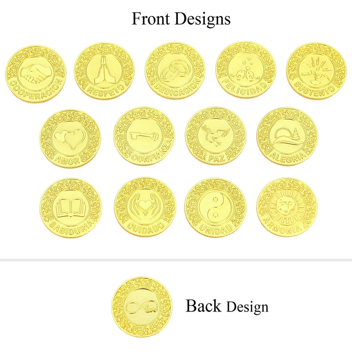 Gold wedding arras set with heart-shaped pearl box, featuring 13 unique gold coins with different Spanish words and designs, perfect for Catholic wedding ceremony, bridal keepsake, and gift - tingkucoins.com
