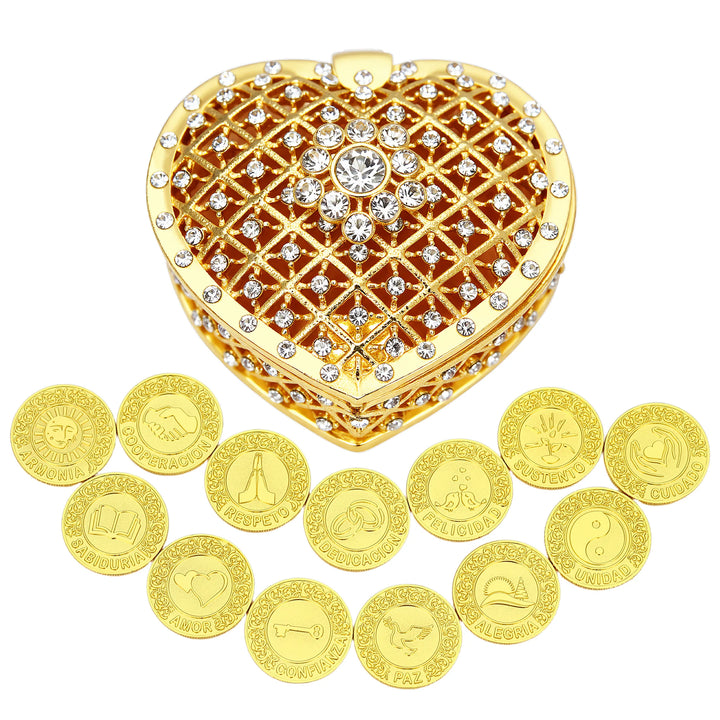 13 Spanish Wedding Unity Coins with Heart-Shaped Box – Arras para Boda Catolica y Cristiana Evangelica, Symbols of Love, Faith, Prosperity for Marriage Ceremony - tingkucoins.com