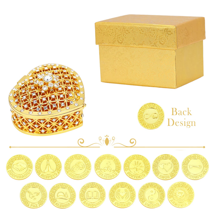 13 Spanish Wedding Unity Coins with Heart-Shaped Box – Arras para Boda Catolica y Cristiana Evangelica, Symbols of Love, Faith, Prosperity for Marriage Ceremony - tingkucoins.com