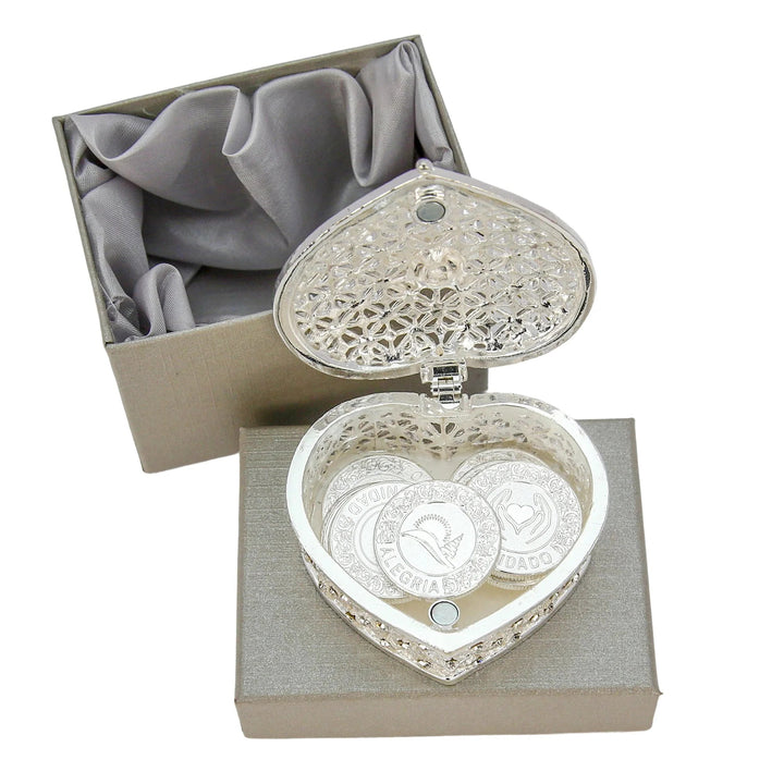 Beautifully crafted wedding unity coins with intricate engraved designs and elegant heart-shaped box—adds a touch of elegance to Catholic and Christian wedding ceremonies -tingkucoins.com