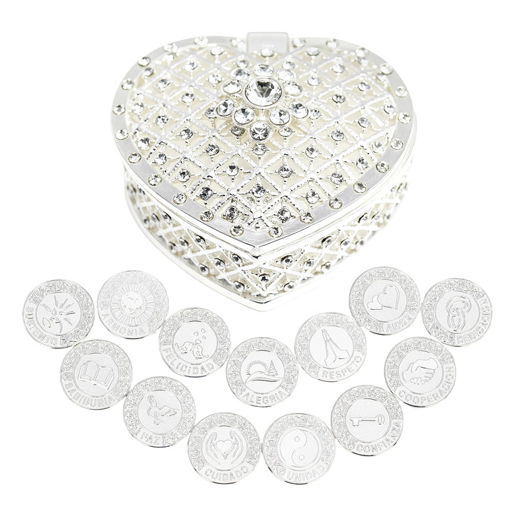 13 Spanish Wedding Unity Coins with Heart-Shaped Box – Arras para Boda Catolica y Cristiana Evangelica, Symbols of Love, Faith, Prosperity for Marriage Ceremony - tingkucoins.com