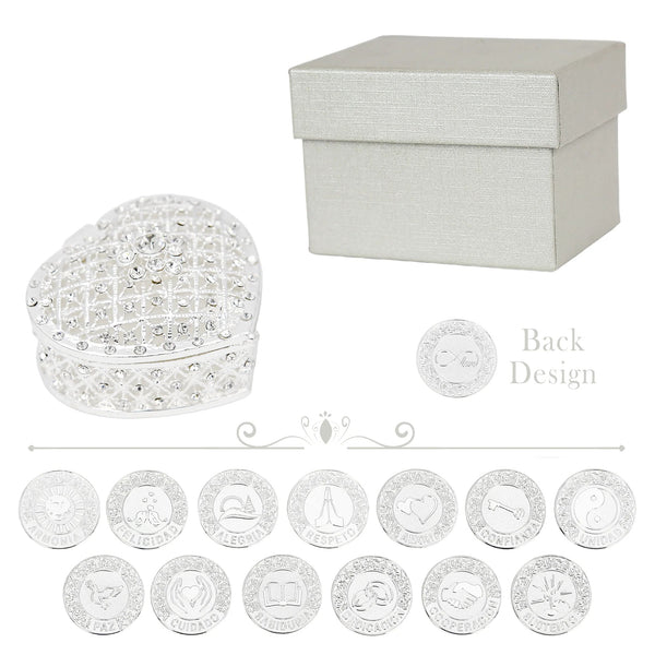 13 Spanish wedding unity coins with symbolic engravings, presented in a heart-shaped metal box and elegant gift packaging—perfect for Catholic and Christian wedding ceremonies - tingkucoins.com