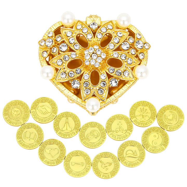 Gold heart-shaped keepsake box with diamond and pearl decoration, containing 13 Spanish words coins, symbolizing blessings for the marriage -tingkucoins.com