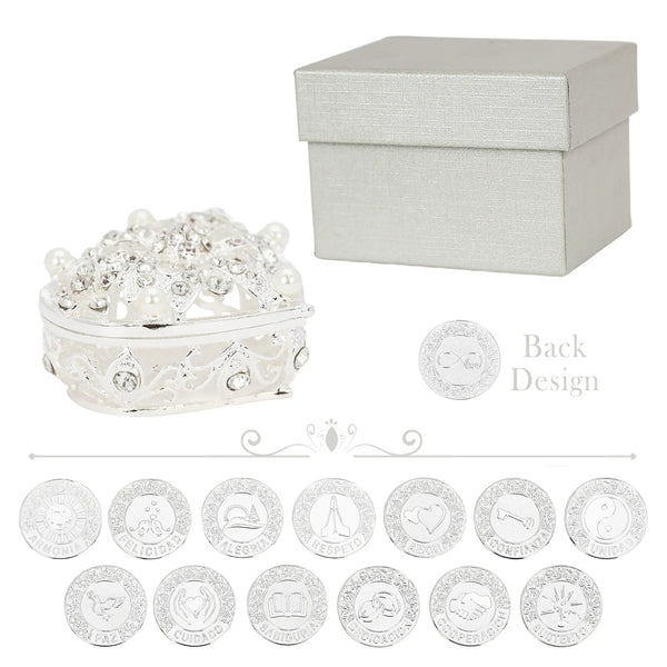 Premium silver Arras set with 13 Spanish coins in a diamond-and-pearl heart box, presented in a luxury gift box for newlyweds - tingkucoins.com