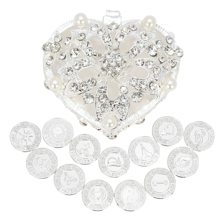 Luxury silver heart box with diamond and pearl detailing, perfect for storing 13 Spanish coins and enhancing ceremony elegance - tingkucoins.com