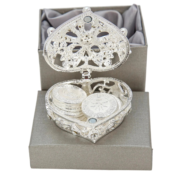 Premium silver Arras set with 13 Spanish coins in a diamond-and-pearl heart box, presented in a luxury gift box for newlyweds - tingkucoins.com