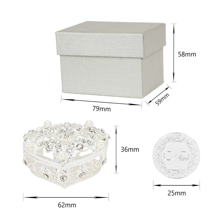 Silver heart keepsake box (62×36mm) with 13 coins (25mm), in gift box (79×59×58mm), ideal for wedding Arras - tingkucoins.com