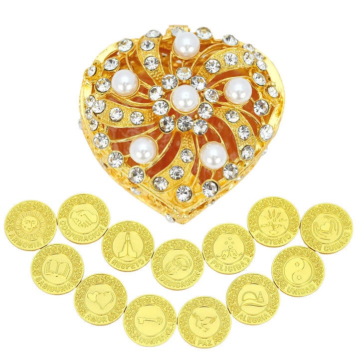 Gold heart-shaped pearl wedding arras set with 13 gold-plated unity coins, perfect for Catholic marriage ceremony, bridal keepsake, wedding traditions, and elegant gift for newlyweds - tingkucoins.com
