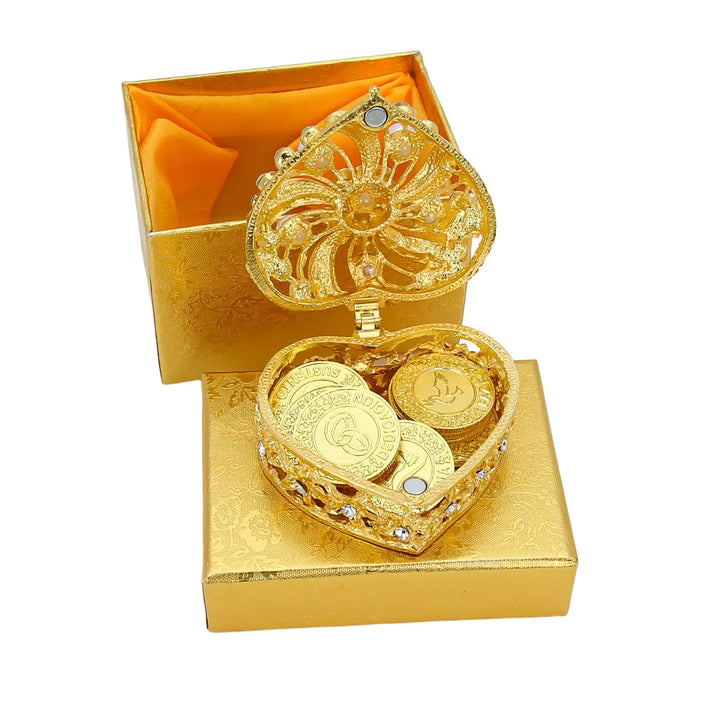 Elegant wedding arras set featuring a gold heart-shaped pearl box and 13 unique Spanish word coins, blending tradition and style for an unforgettable marriage ceremony - tingkucoins.com