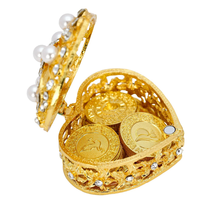 Gold wedding arras set with heart-shaped pearl box and 13 intricate gold coins engraved with Spanish words, perfect for adding elegance and tradition to your wedding ceremony - tingkucoins.com