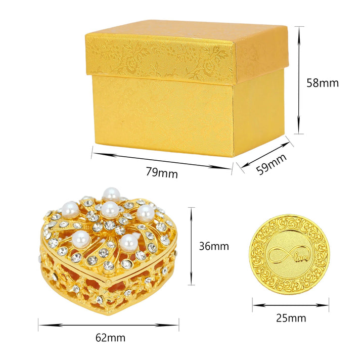Gold wedding arras set with heart-shaped pearl box (62x36mm), 13 gold coins (25mm) with Spanish words, and gift box (79x59x58mm), perfect for Catholic ceremony, bridal keepsake, and marriage gift - tingkucoins.com