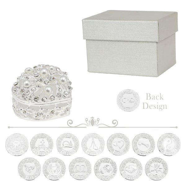 Heart-shaped pearl wedding arras set with 13 silver unity coins, ideal for Catholic marriage ceremony, bridal keepsake, or elegant gift for newlyweds and wedding decor - tingkucoins.com