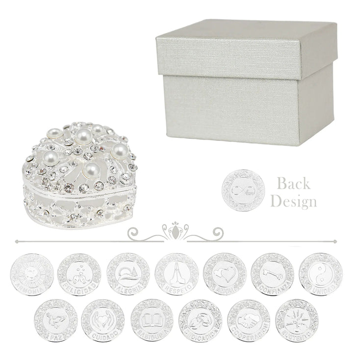 Heart-shaped pearl wedding arras set with 13 silver unity coins, ideal for Catholic marriage ceremony, bridal keepsake, or elegant gift for newlyweds and wedding decor - tingkucoins.com