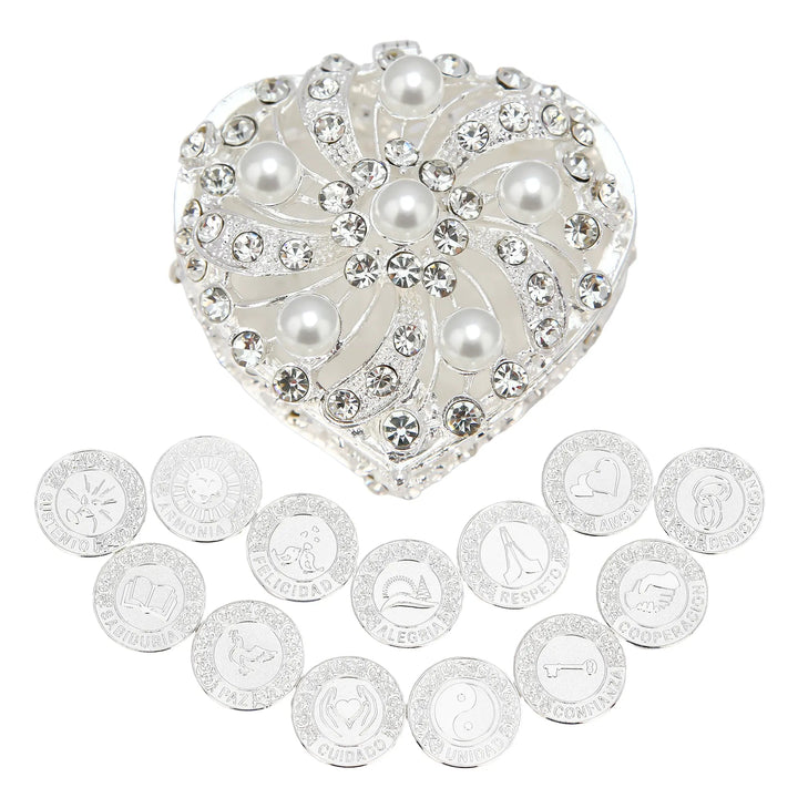 Sliver heart-shaped pearl wedding arras set with 13 sliver unity coins, perfect for Catholic marriage ceremony, bridal keepsake, wedding traditions, and elegant gift for newlyweds - tingkucoins.com