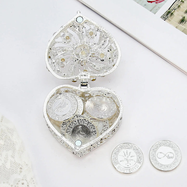 Elegant 13 Spanish Words Las Arras wedding unity coins set with heart-shaped box. Perfect for Catholic boda ceremony, decoracion de boda, and meaningful regalos para bodas with blessings - tingkucoins.com