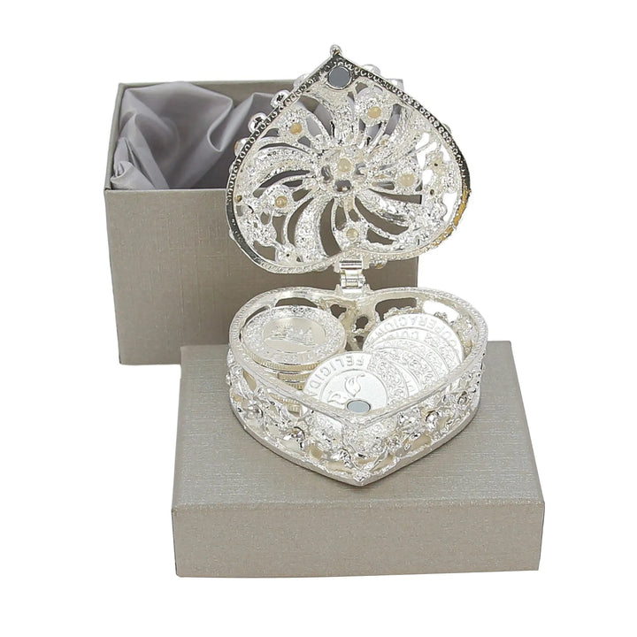 Beautifully packaged 13 Spanish Words Las Arras wedding unity coins in an elegant heart-shaped box adorned with sparkling crystals. Perfect decoracion de boda and timeless regalos para bodas - tingkucoins.com