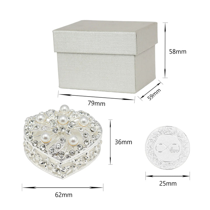 Silver wedding arras set with heart-shaped pearl box (62x36mm), 13 silver coins (25mm) with Spanish words, and gift box (79x59x58mm), perfect for Catholic ceremony, bridal keepsake, and marriage gift - tingkucoins.com